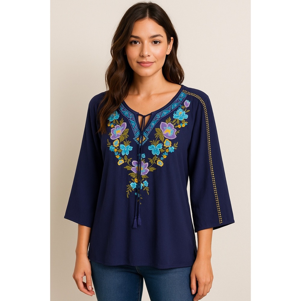 Paparazzi Embroidered Floral Boho Peasant Blouse 3/4 Sleeve Navy Blue Top Sz M/L